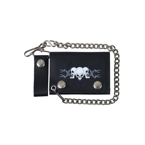 Black Tri-Fold 4 Inch Barbed Wire Skulls Leather Wallet