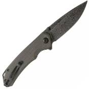  Button Lock Damascus Elementum Folding Knife