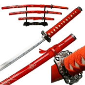 YK-58RD4 Satin Blade 3 Pcs Sword Set with Red Scabbard 